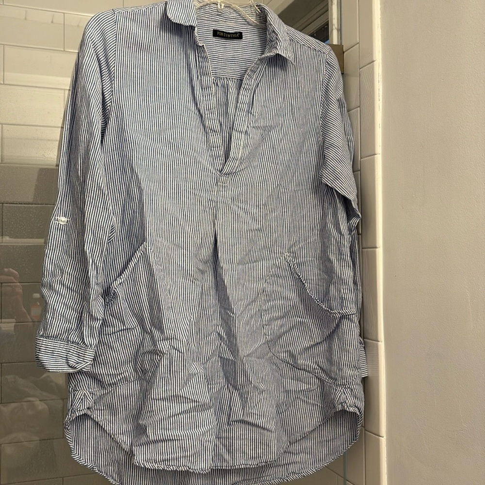 For Cynthia Blue & White Striped Linen Cotton Tunic Shirt-